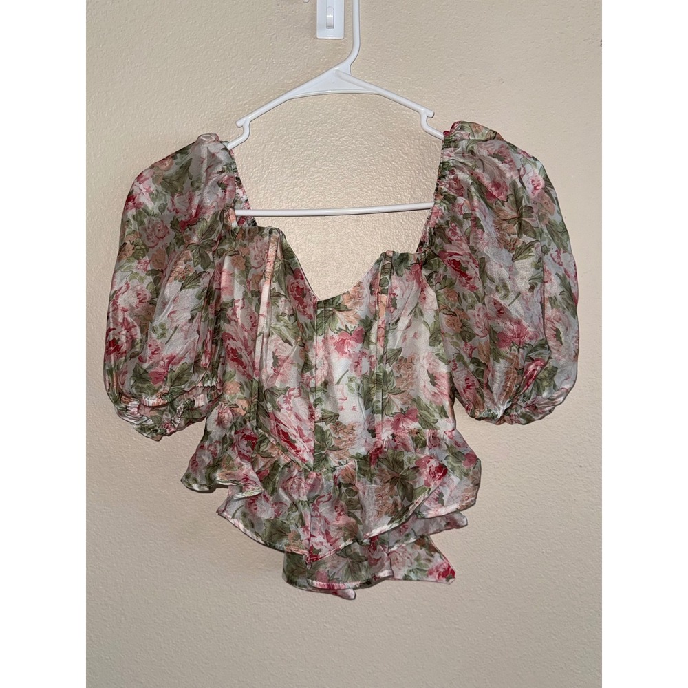 Storia Floral Puff Sleeve Corset Crop Top Pink Green Satin Tie Back Small